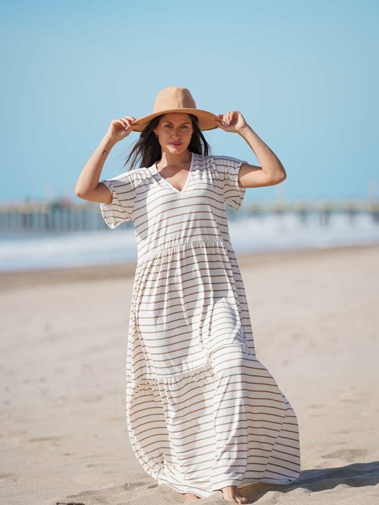 Maxi Vestido largo con mangas - rayado marron